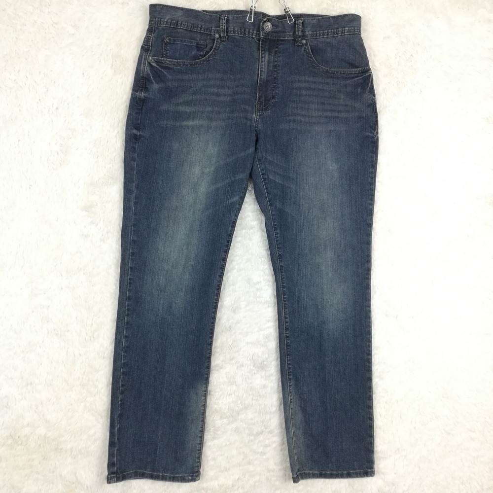 Axel Mens Jeans Slim Straight Blue Denim Harwinton Wash Whiskering 38x32